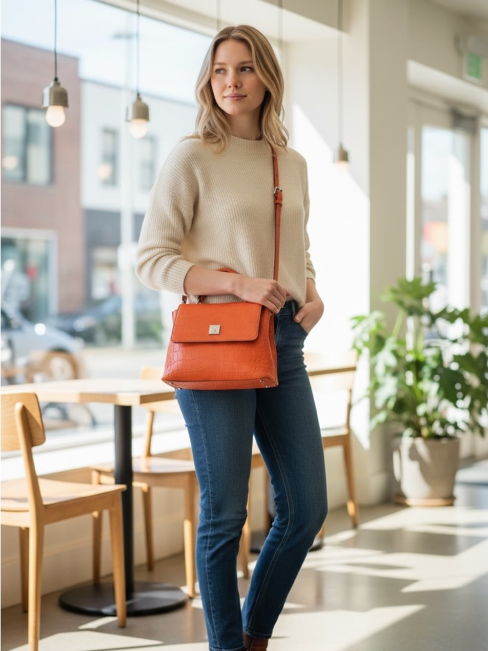 MCM Mode Travia Croc Embossed Leather Satchel Coral Orange Crossbody - Picture 3 of 17